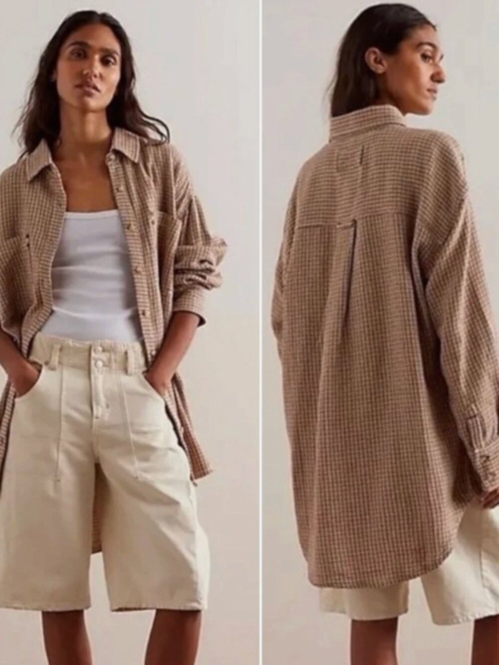 Free People XL Freddie Menswear Oversized Shirt Jacket Shacket Neutral Plaid